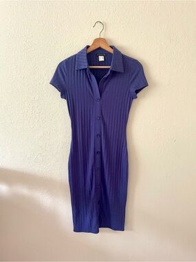 Venus Women’s Y2K Purple Ribbed Collar Short Sleeve Button Down Mini Dress